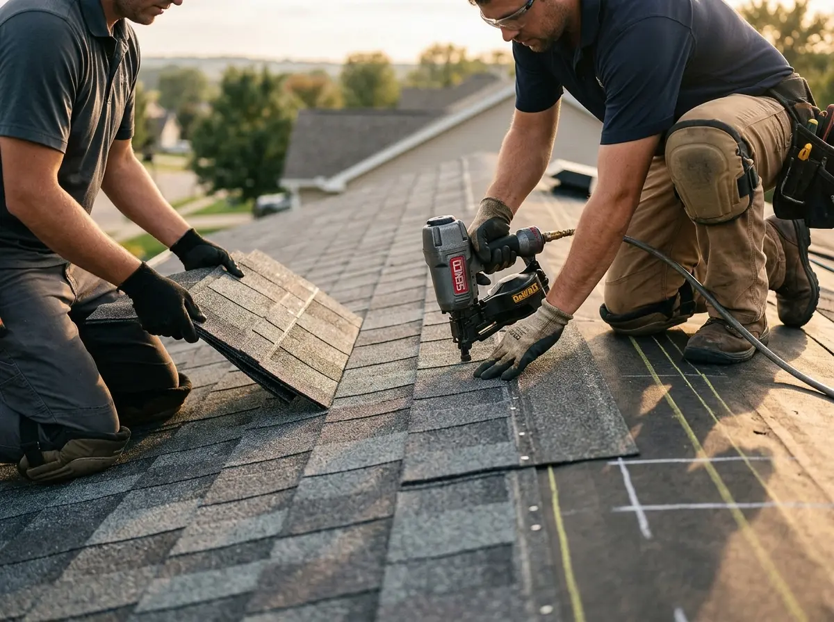 Professional roofer working on a residential roof in Rawlins